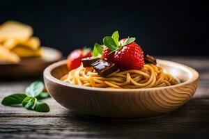 spaghetti avec Viande et des fraises dans une en bois bol. généré par ai photo