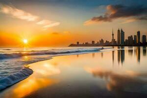 le Soleil ensembles plus de le ville horizon dans Dubai. généré par ai photo