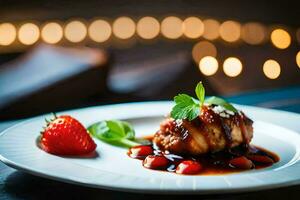 une assiette avec une poulet plat et des fraises. généré par ai photo