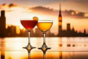 deux des lunettes de des cocktails avec le ville horizon dans le Contexte. généré par ai photo