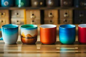 une rangée de coloré café des tasses sur une en bois tableau. généré par ai photo