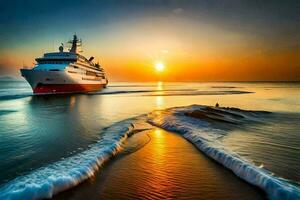 une croisière navire dans le océan à le coucher du soleil. généré par ai photo