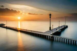 une jetée à le coucher du soleil avec une lumière brillant sur il. généré par ai photo