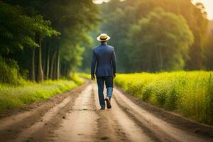 une homme dans une costume et chapeau des promenades vers le bas une saleté route. généré par ai photo