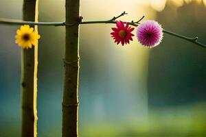 coloré fleurs sur une branche dans le Soleil. généré par ai photo