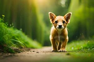 une chiot en marchant sur une chemin dans le les bois. généré par ai photo