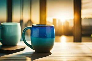 deux café des tasses asseoir sur une table dans de face de une ville ligne d'horizon. généré par ai photo