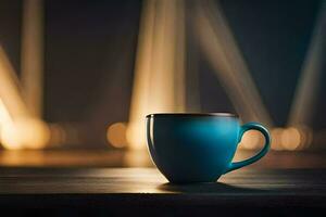 une bleu café tasse séance sur une table dans de face de une floue Contexte. généré par ai photo