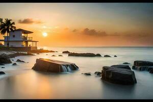 une maison sur le plage à le coucher du soleil. généré par ai photo