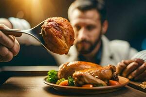une homme est en mangeant une poulet sur une plaque. généré par ai photo