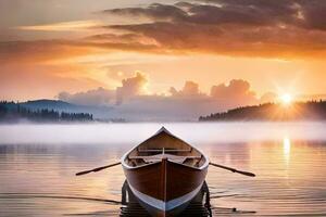 une bateau sur une Lac à le coucher du soleil. généré par ai photo