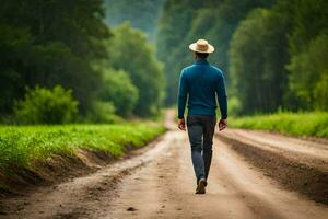 homme en marchant sur saleté route dans le milieu de une vert champ. généré par ai photo