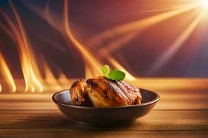 grillé poulet dans une bol sur une en bois table avec flammes. généré par ai photo