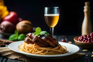 spaghetti avec Viande et des légumes sur une plaque. généré par ai photo