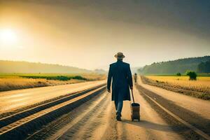 une homme dans une chapeau et costume en marchant vers le bas une route avec une valise. généré par ai photo