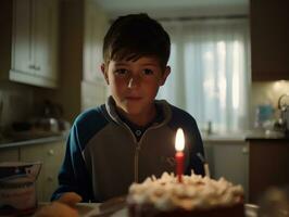 enfant soufflant en dehors le bougies sur leur anniversaire gâteau ai génératif photo