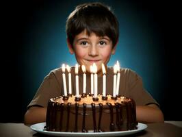 enfant soufflant en dehors le bougies sur leur anniversaire gâteau ai génératif photo