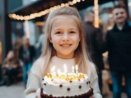 enfant soufflant en dehors le bougies sur leur anniversaire gâteau ai génératif photo