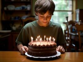 enfant soufflant en dehors le bougies sur leur anniversaire gâteau ai génératif photo