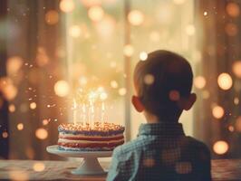 enfant soufflant en dehors le bougies sur leur anniversaire gâteau ai génératif photo