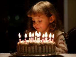 enfant soufflant en dehors le bougies sur leur anniversaire gâteau ai génératif photo