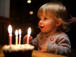 enfant soufflant en dehors le bougies sur leur anniversaire gâteau ai génératif photo