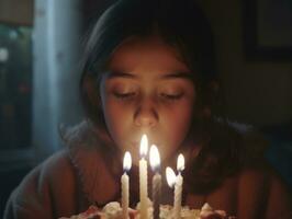 enfant soufflant en dehors le bougies sur leur anniversaire gâteau ai génératif photo