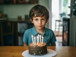 enfant soufflant en dehors le bougies sur leur anniversaire gâteau ai génératif photo