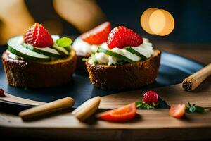 deux petit Gâteaux avec des fraises et crème sur une en bois Coupe planche. généré par ai photo