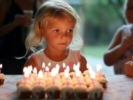 enfant soufflant en dehors le bougies sur leur anniversaire gâteau ai génératif photo