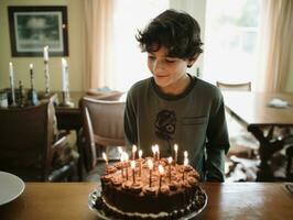 enfant soufflant en dehors le bougies sur leur anniversaire gâteau ai génératif photo