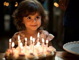 enfant soufflant en dehors le bougies sur leur anniversaire gâteau ai génératif photo