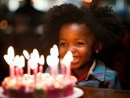 enfant soufflant en dehors le bougies sur leur anniversaire gâteau ai génératif photo