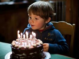 enfant soufflant en dehors le bougies sur leur anniversaire gâteau ai génératif photo