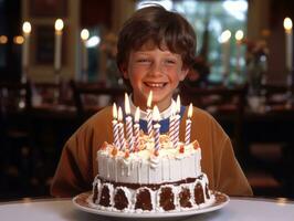 enfant soufflant en dehors le bougies sur leur anniversaire gâteau ai génératif photo