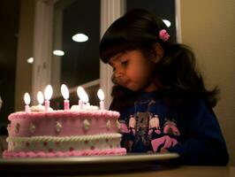 enfant soufflant en dehors le bougies sur leur anniversaire gâteau ai génératif photo