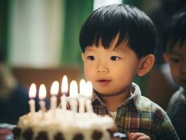 enfant soufflant en dehors le bougies sur leur anniversaire gâteau ai génératif photo