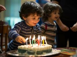 enfant soufflant en dehors le bougies sur leur anniversaire gâteau ai génératif photo