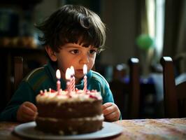 enfant soufflant en dehors le bougies sur leur anniversaire gâteau ai génératif photo