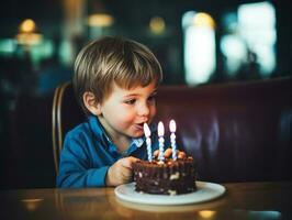 enfant soufflant en dehors le bougies sur leur anniversaire gâteau ai génératif photo