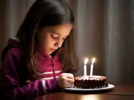 enfant soufflant en dehors le bougies sur leur anniversaire gâteau ai génératif photo