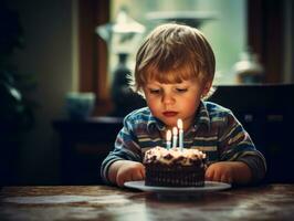 enfant soufflant en dehors le bougies sur leur anniversaire gâteau ai génératif photo