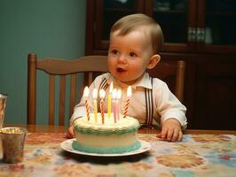 enfant soufflant en dehors le bougies sur leur anniversaire gâteau ai génératif photo