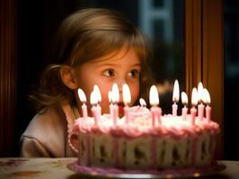 enfant soufflant en dehors le bougies sur leur anniversaire gâteau ai génératif photo