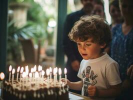 enfant soufflant en dehors le bougies sur leur anniversaire gâteau ai génératif photo