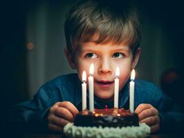 enfant soufflant en dehors le bougies sur leur anniversaire gâteau ai génératif photo