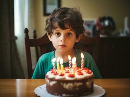 enfant soufflant en dehors le bougies sur leur anniversaire gâteau ai génératif photo