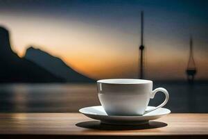 café tasse sur une table avec une vue de le mer. généré par ai photo