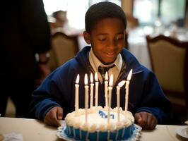 enfant soufflant en dehors le bougies sur leur anniversaire gâteau ai génératif photo