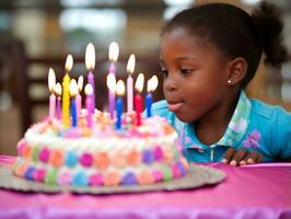 enfant soufflant en dehors le bougies sur leur anniversaire gâteau ai génératif photo